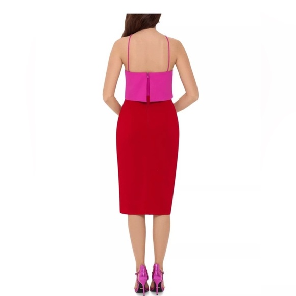 Betsy & Adam Pink and Red Faux Wrap Dress Halter Size 8 Knee Length - Picture 2 of 10